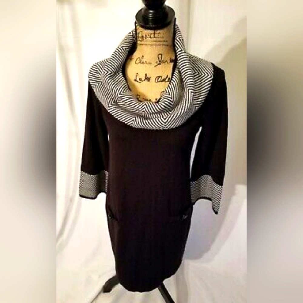 Studio One New York Black & White Cowl Collar Sweater Dress ~sz 2X